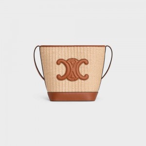 Cuir Triomphe Celine Small Bucket In Raffia Effect Textile And Calfskin Beige Marron | CL-593165