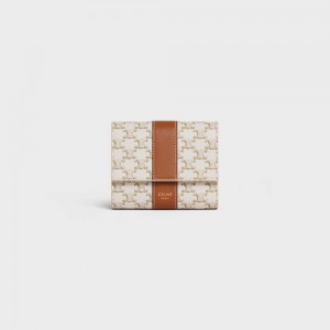 Portefeuilles Celine Small Trifold In Triomphe Tela And Lambskin Blanche Marron | CL-593005